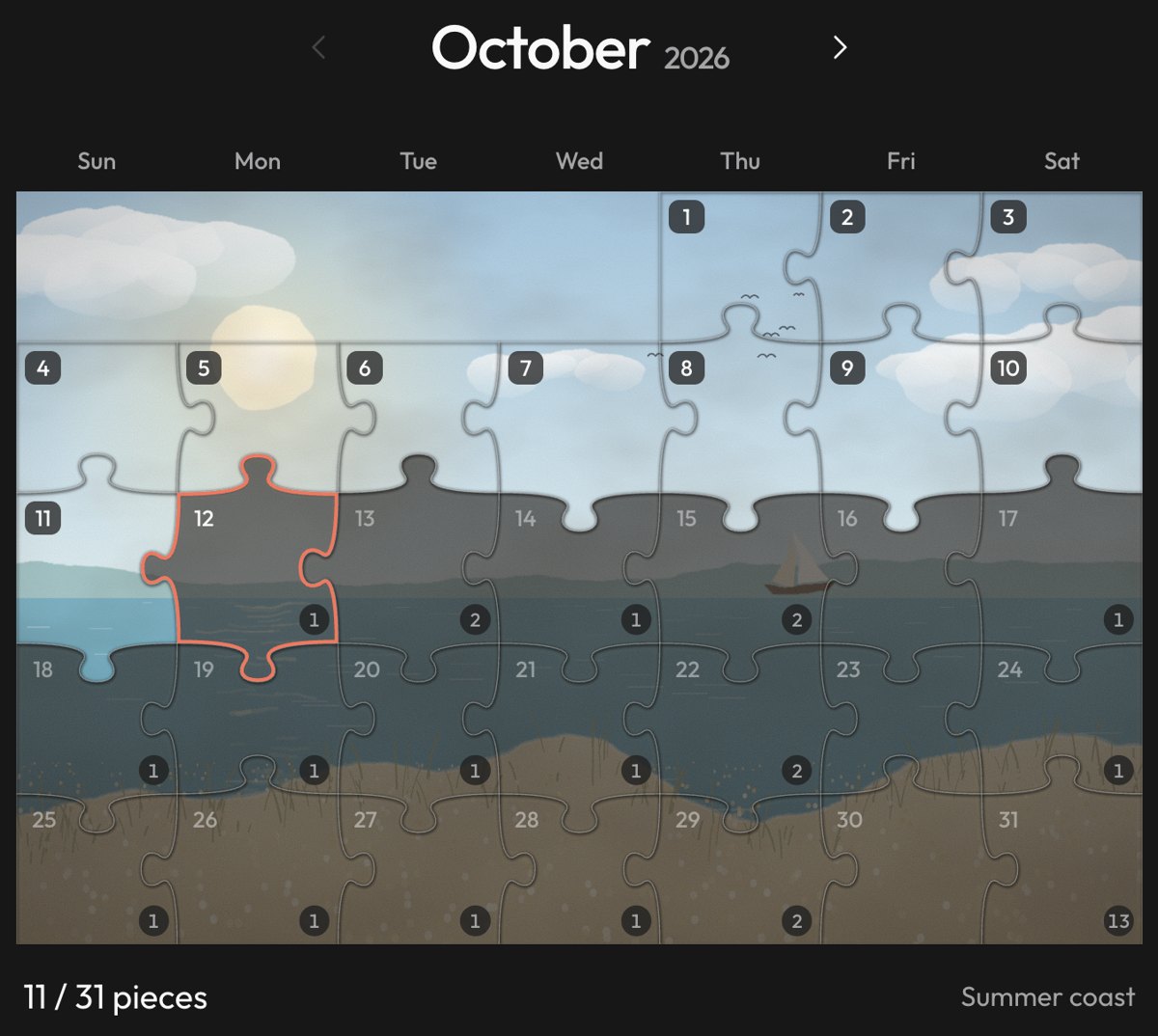 Jayden's October 2026 month board in Puzzly: a coastal artwork with 11 of 31 pieces earned